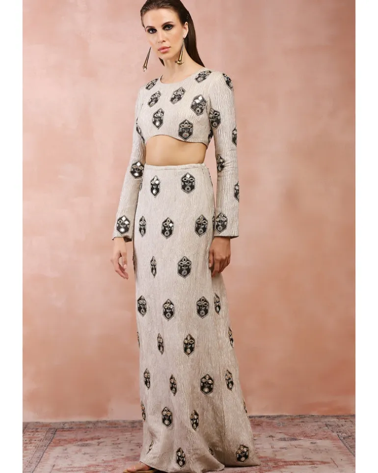 Crushed Dull Gold Embroidered Skirt Set