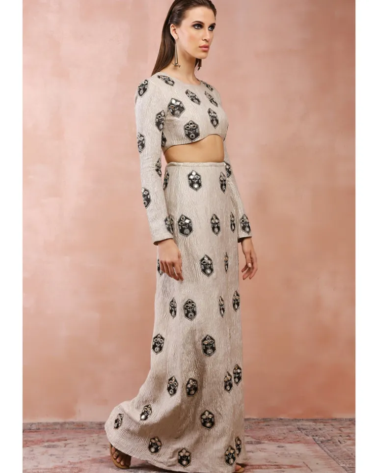 Crushed Dull Gold Embroidered Skirt Set