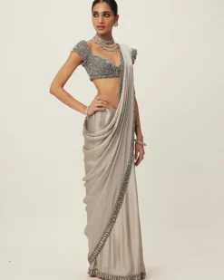 Crystal Grey Satin Sari Set