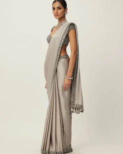 Crystal Grey Satin Sari Set