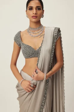 Crystal Grey Satin Sari Set