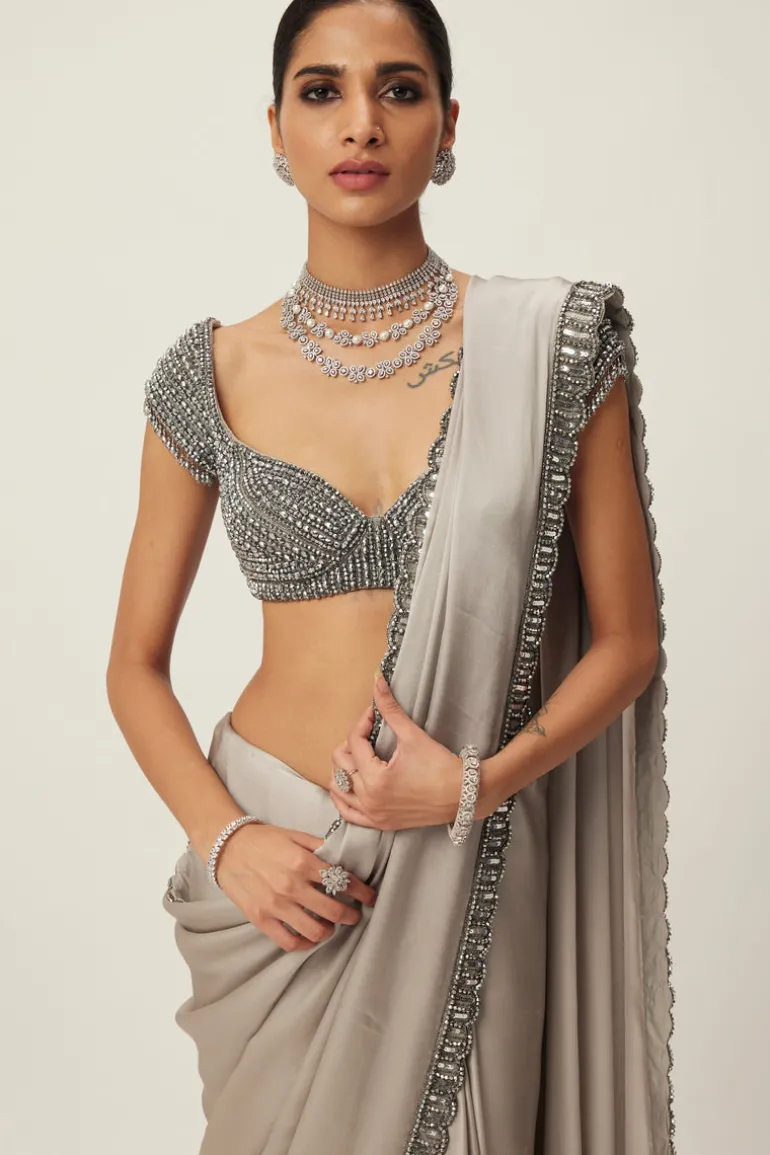 Crystal Grey Satin Sari Set