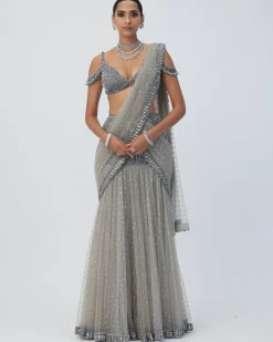 Crystal Grey Sequin Scattered Pre Draped Sari Set