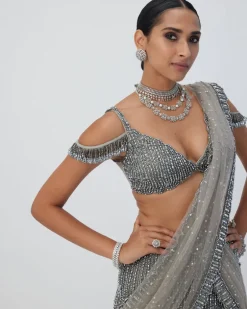 Crystal Grey Sequin Scattered Pre Draped Sari Set