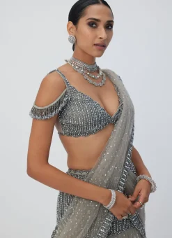 Crystal Grey Sequin Scattered Pre Draped Sari Set
