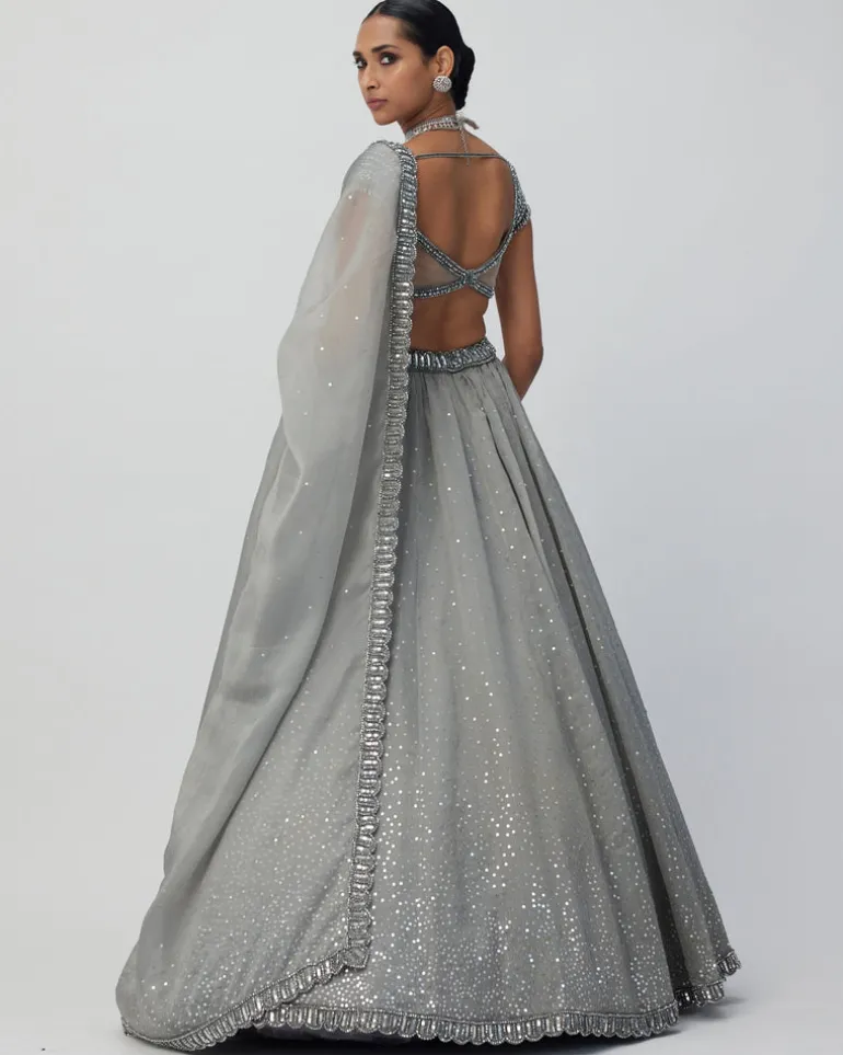 Crystal Grey Sequins Scattered Organza Lehenga Set