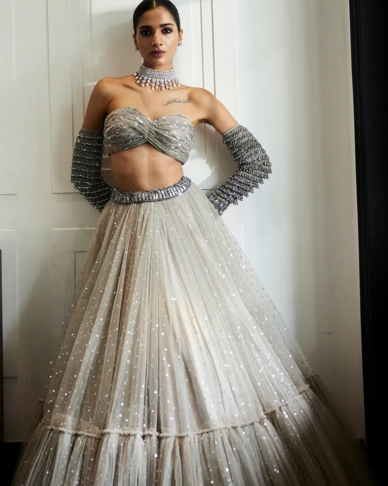 Crystal Grey Tulle Lehenga Set