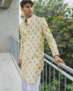 Daffodil Linen Threadwork Achkan Set