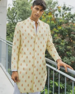Daffodil Linen Threadwork Achkan Set