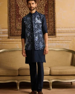 Dark Blue Cosmic Floral Embroidered Kurta With Dark Blue Pants