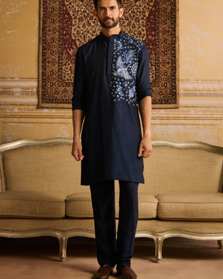 Dark Blue Cosmic Floral Embroidered Kurta With Dark Blue Pants