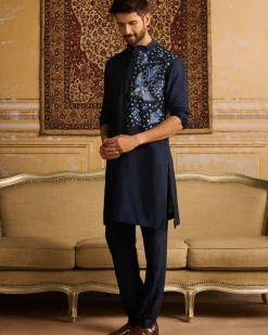 Dark Blue Cosmic Floral Embroidered Kurta With Dark Blue Pants