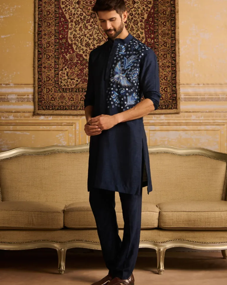 Dark Blue Cosmic Floral Embroidered Kurta With Dark Blue Pants