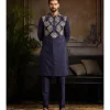 Dark Blue Cutdana & Zari Fan Butta Embroidered Kurta Paired With Dark Blue Pants