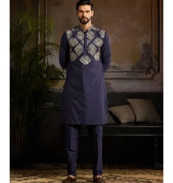 Dark Blue Cutdana & Zari Fan Butta Embroidered Kurta Paired With Dark Blue Pants