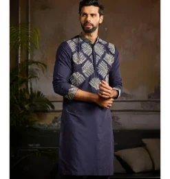 Dark Blue Cutdana & Zari Fan Butta Embroidered Kurta Paired With Dark Blue Pants