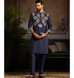 Dark Blue Cutdana & Zari Fan Butta Embroidered Kurta Paired With Dark Blue Pants