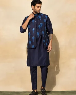 Dark Blue Feather Embroidered Kurta Set