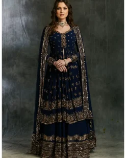 Dark Blue Gold Jacket With Border Skirt