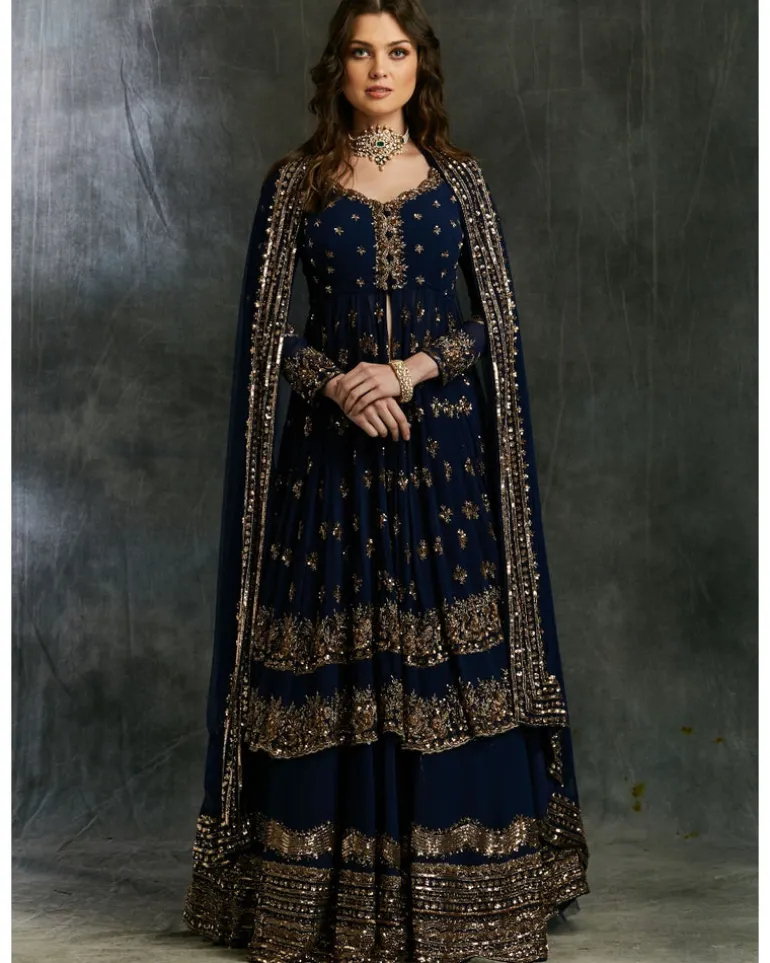 Dark Blue Gold Jacket With Border Skirt
