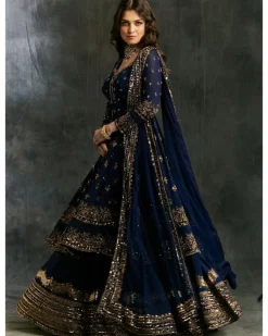 Dark Blue Gold Jacket With Border Skirt