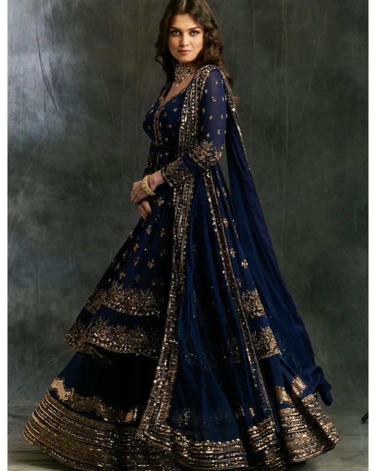 Dark Blue Gold Jacket With Border Skirt