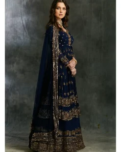 Dark Blue Gold Jacket With Border Skirt