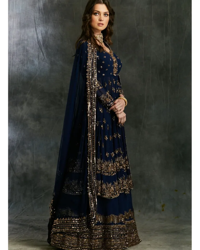 Dark Blue Gold Jacket With Border Skirt