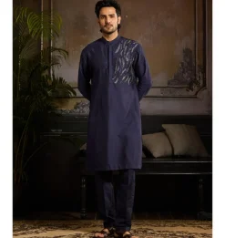 Dark Blue One Side Cutdana Wave Embroidered Kurta Paired With Dark Blue Pants