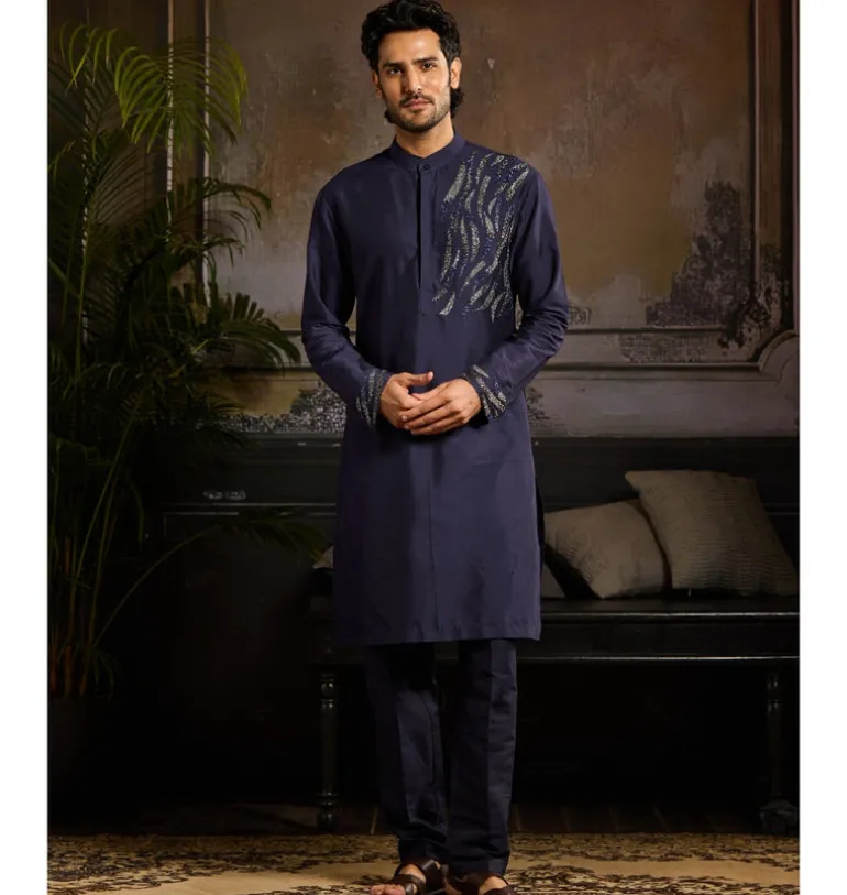 Dark Blue One Side Cutdana Wave Embroidered Kurta Paired With Dark Blue Pants