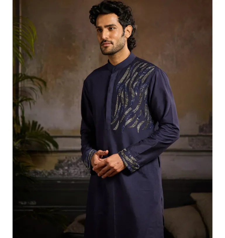 Dark Blue One Side Cutdana Wave Embroidered Kurta Paired With Dark Blue Pants