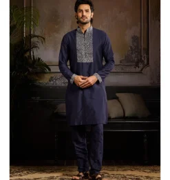 Dark Blue Silver Cutdana & Zari Yoke Embroidered Zip Detailed Kurta Paired With Dark Blue Kurta