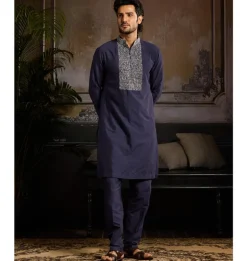 Dark Blue Silver Cutdana & Zari Yoke Embroidered Zip Detailed Kurta Paired With Dark Blue Kurta