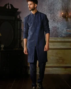 Dark Blue Texture With Arrow Embroidered Kurta With Solid Pants