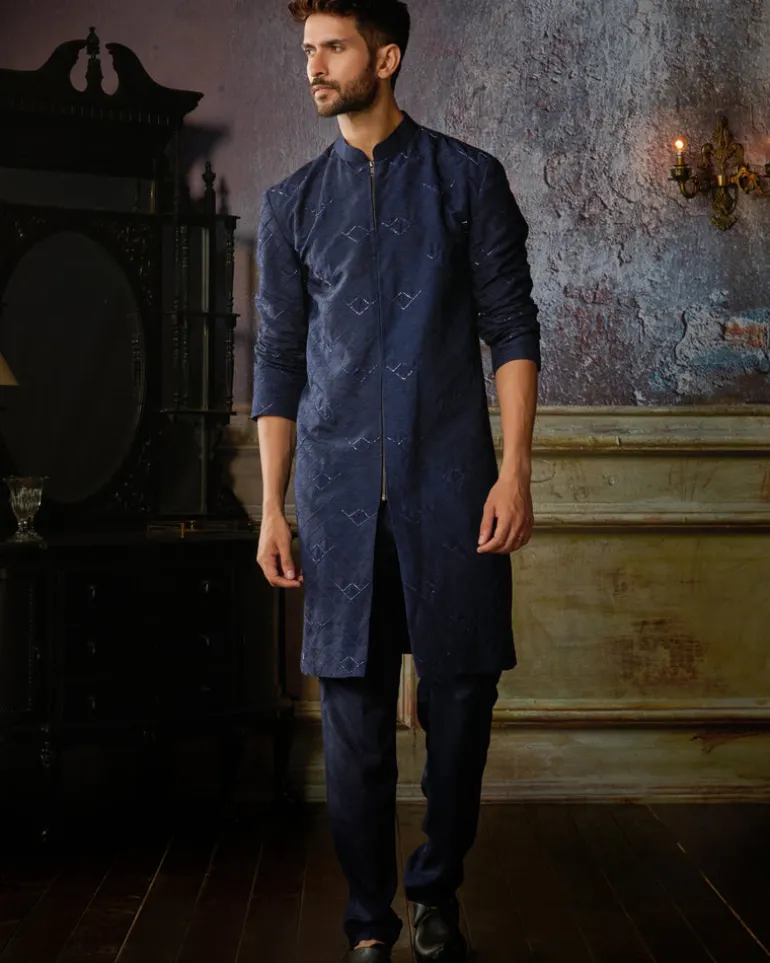 Dark Blue Texture With Arrow Embroidered Kurta With Solid Pants