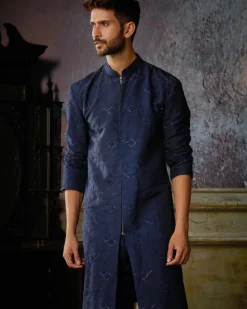 Dark Blue Texture With Arrow Embroidered Kurta With Solid Pants