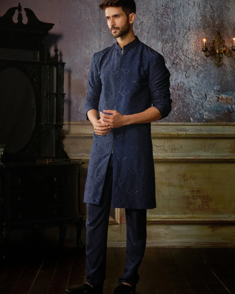 Dark Blue Texture With Arrow Embroidered Kurta With Solid Pants
