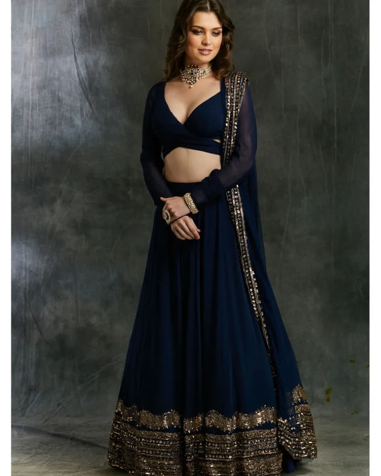 Dark Blue Wrap Blouse Georgette Lehenga