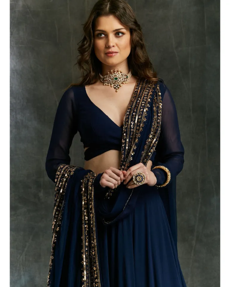 Dark Blue Wrap Blouse Georgette Lehenga