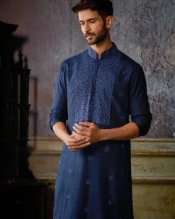 Dark Blue Yoke & Butta Embroidered Kurta With Dark Blue Pants