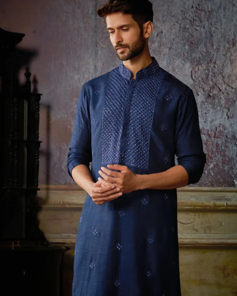 Dark Blue Yoke & Butta Embroidered Kurta With Dark Blue Pants