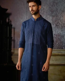 Dark Blue Yoke & Butta Embroidered Kurta With Dark Blue Pants