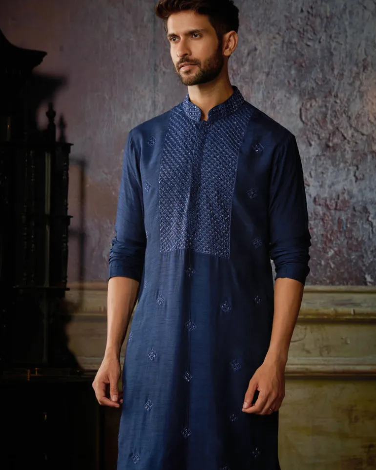Dark Blue Yoke & Butta Embroidered Kurta With Dark Blue Pants