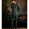 Dark Green Chevron Print & Gold Highlighted Kurta Paired With Printed Pants