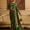 Dark Green Embroidered Blouse And Pant Sari Set