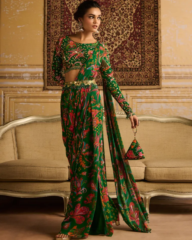 Dark Green Embroidered Blouse And Pant Sari Set