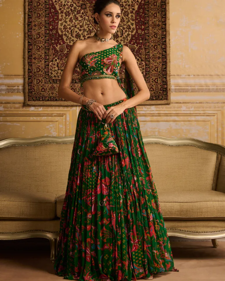 Dark Green Embroidered Blouse And Lehenga Set