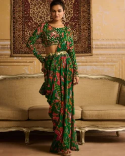 Dark Green Embroidered Blouse And Pant Sari Set