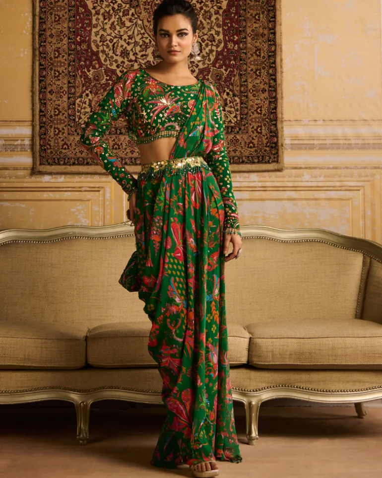 Dark Green Embroidered Blouse And Pant Sari Set