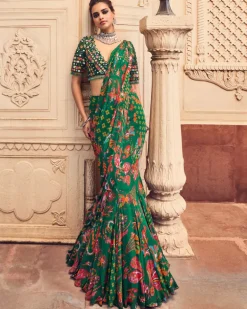 Dark Green Embroidered Blouse And Mermaid Sari Set